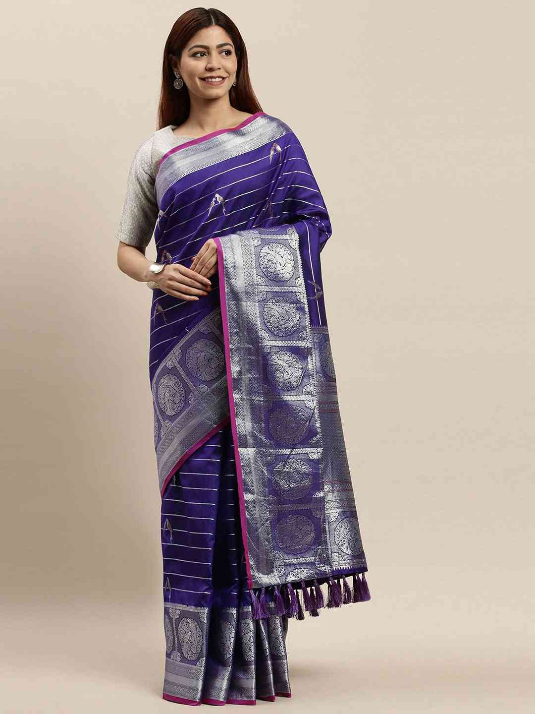 Banarasi Striped Blue Colour Silk Blend Saree