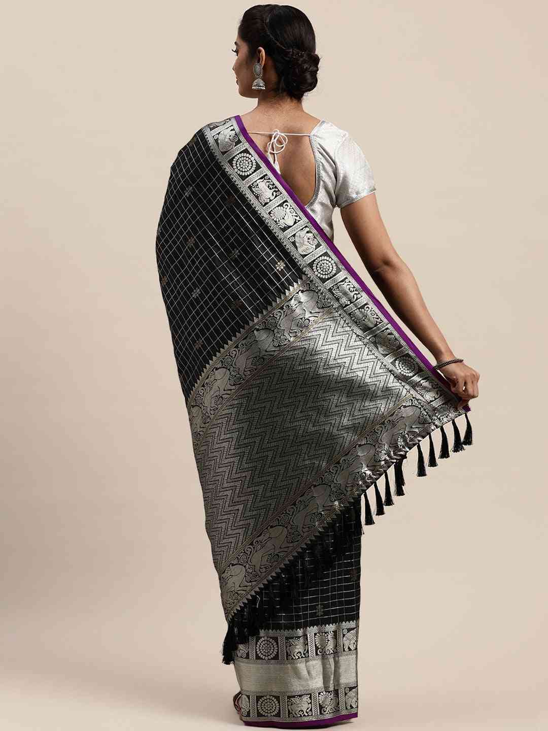 Beautiful Checked Banarasi Saree In Black Colour