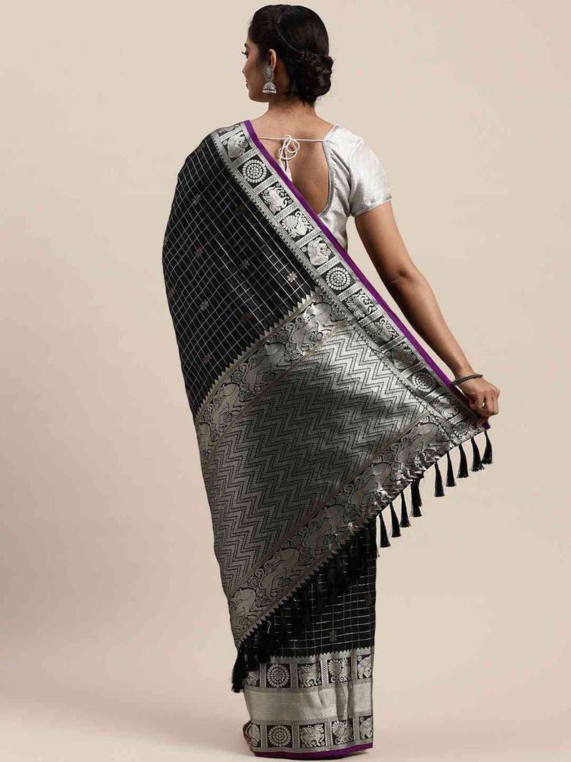 Beautiful Checked Banarasi Saree In Black Colour