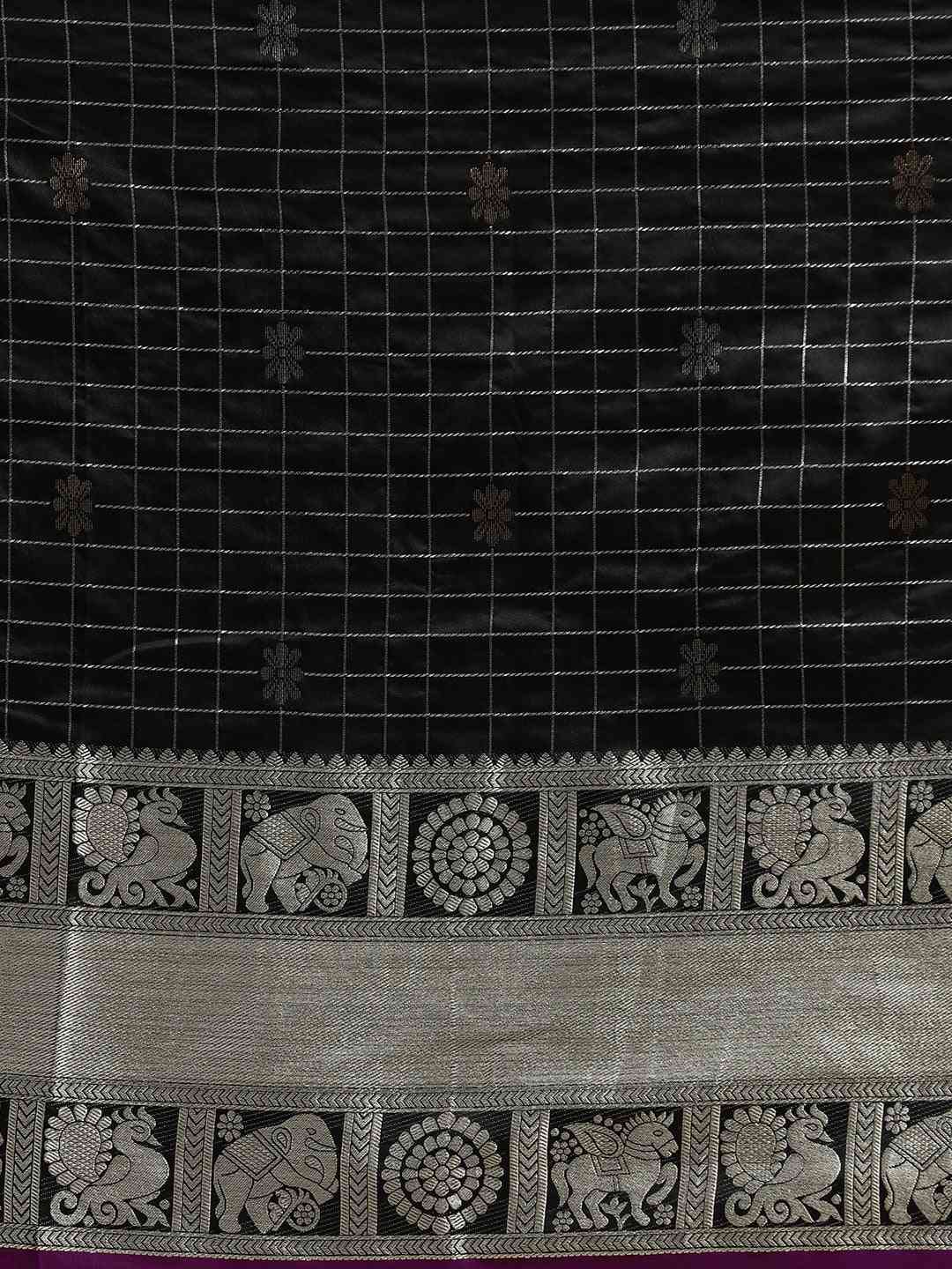 Beautiful Checked Banarasi Saree In Black Colour