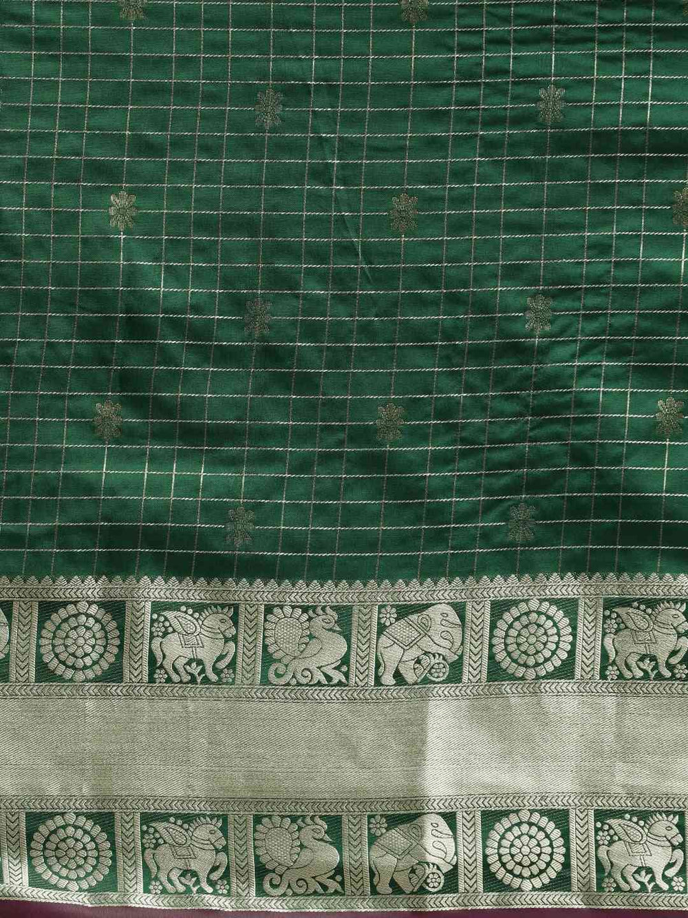 Stylish Bottle Green Colour Checked Banarasi Saree