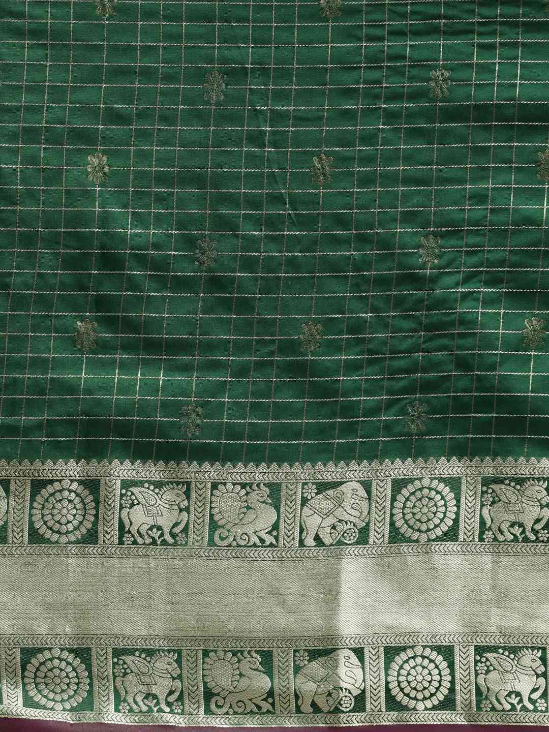 Stylish Bottle Green Colour Checked Banarasi Saree