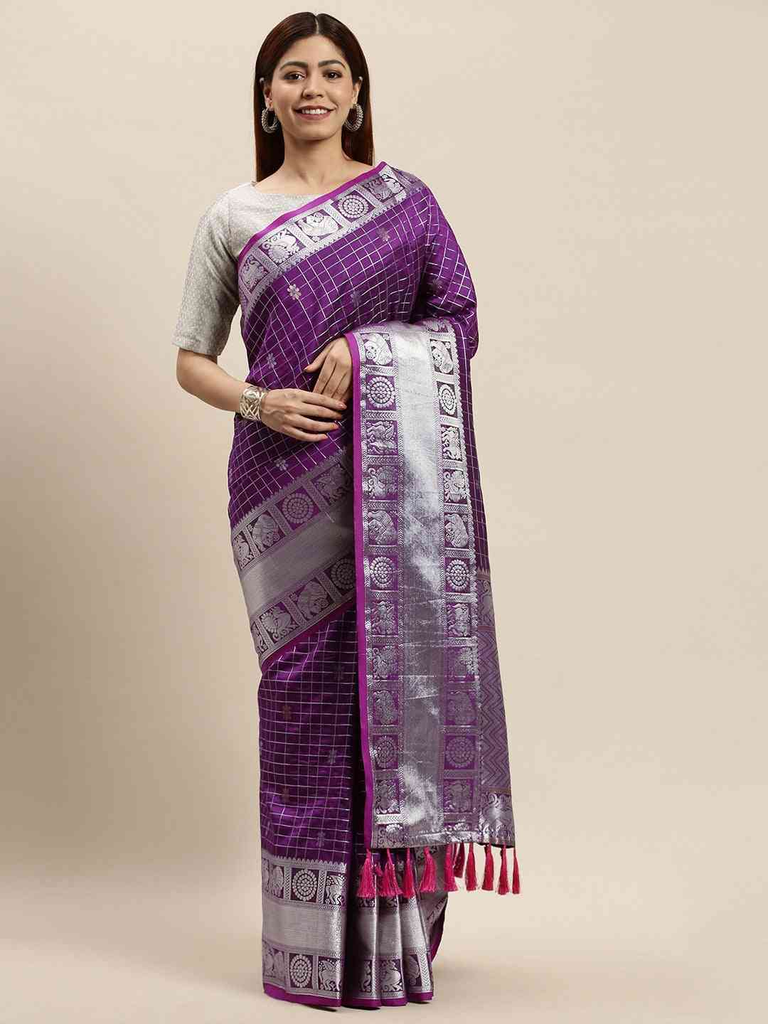 Exclusive Purple Colour Checked Banarasi Saree