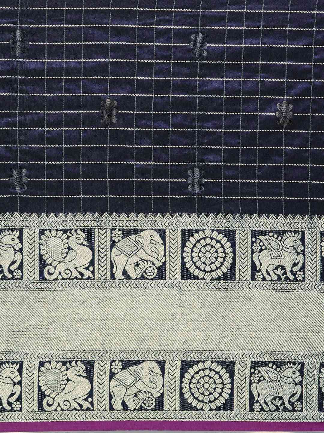 Stylish Navy Colour Checked Banarasi Saree