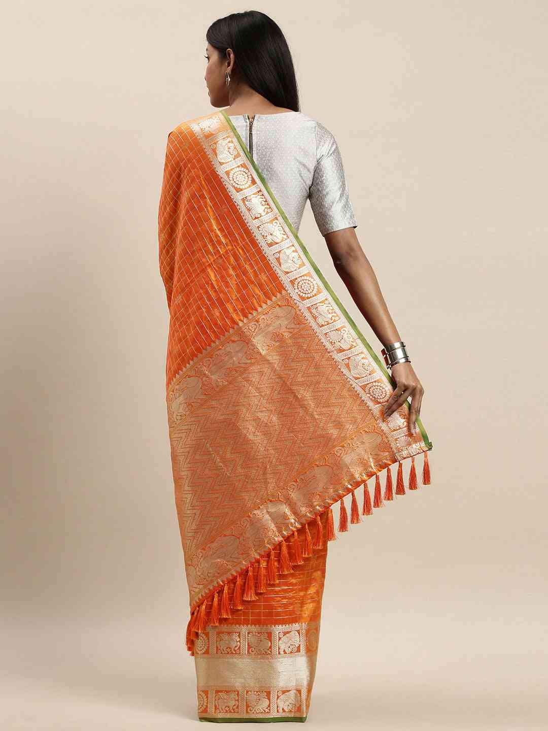 Beautiful Orange Colour Checked Banarasi Saree