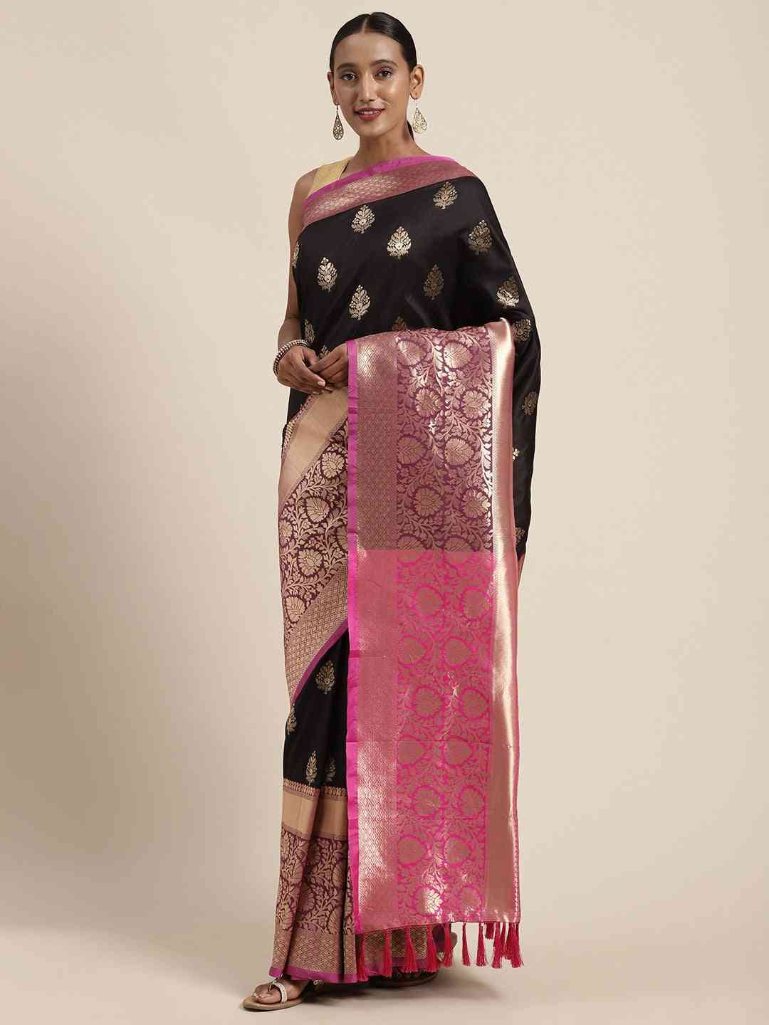 Stylish Black Colour Banarasi Silk Saree with Ethnic Motifs