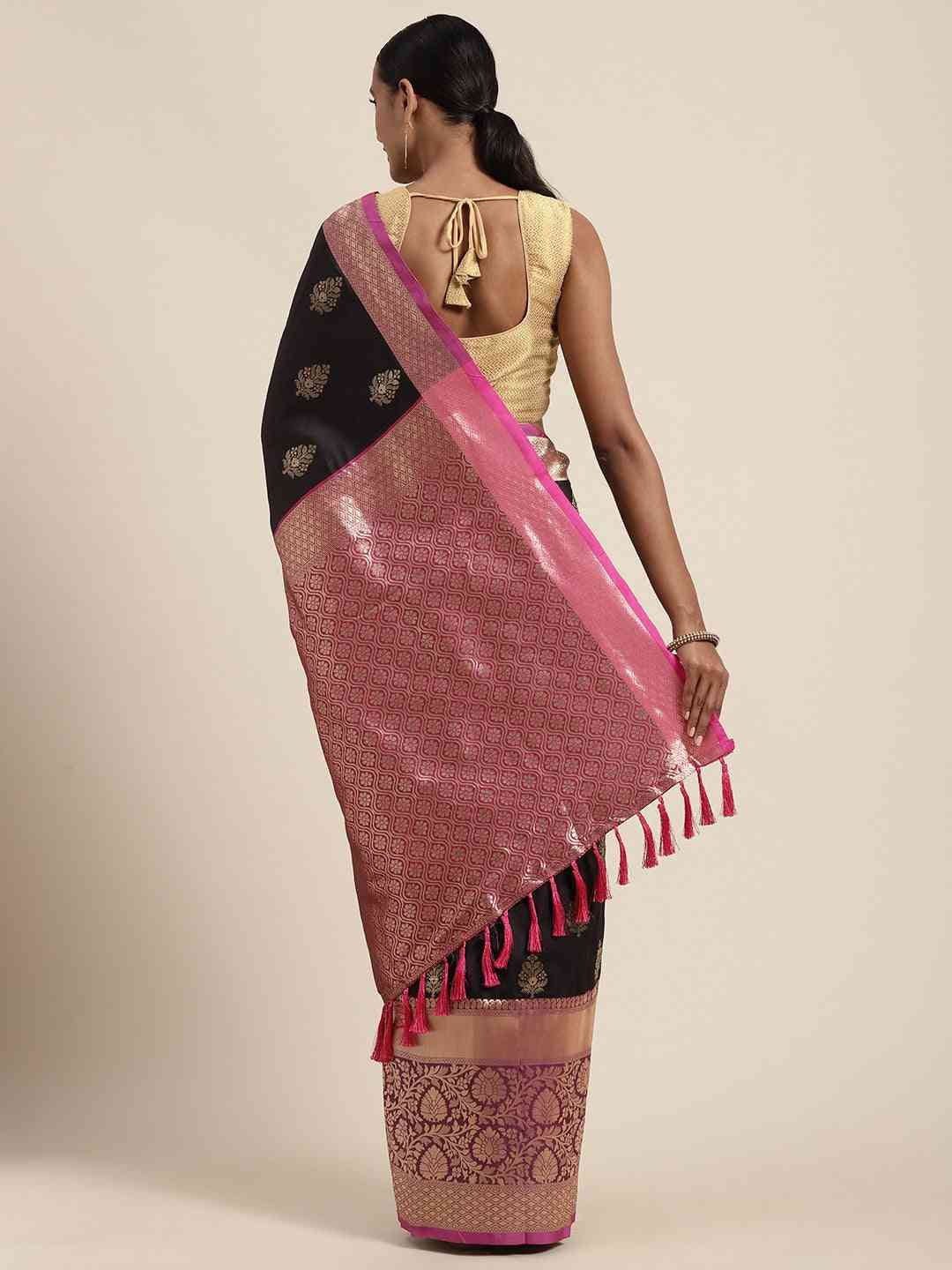 Stylish Black Colour Banarasi Silk Saree with Ethnic Motifs