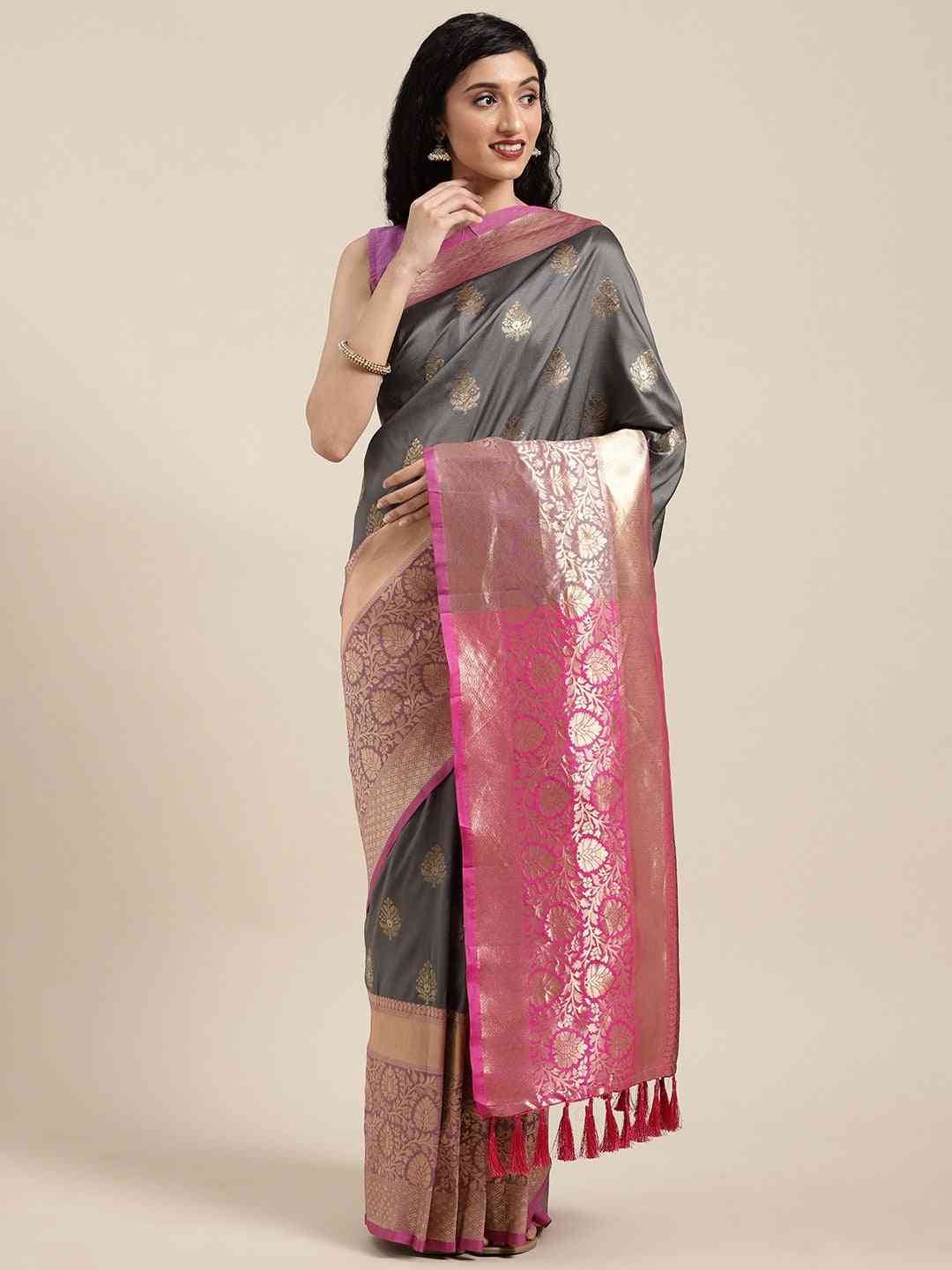 Stylish Grey Ethnic Motifs Banarasi Silk Saree