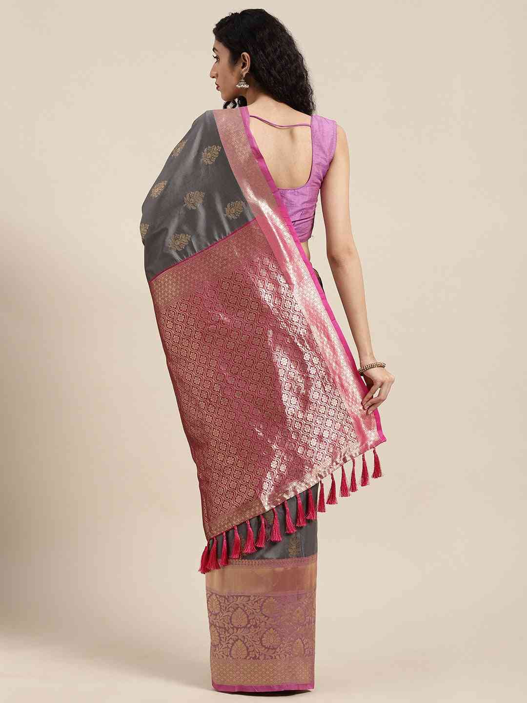 Stylish Grey Ethnic Motifs Banarasi Silk Saree