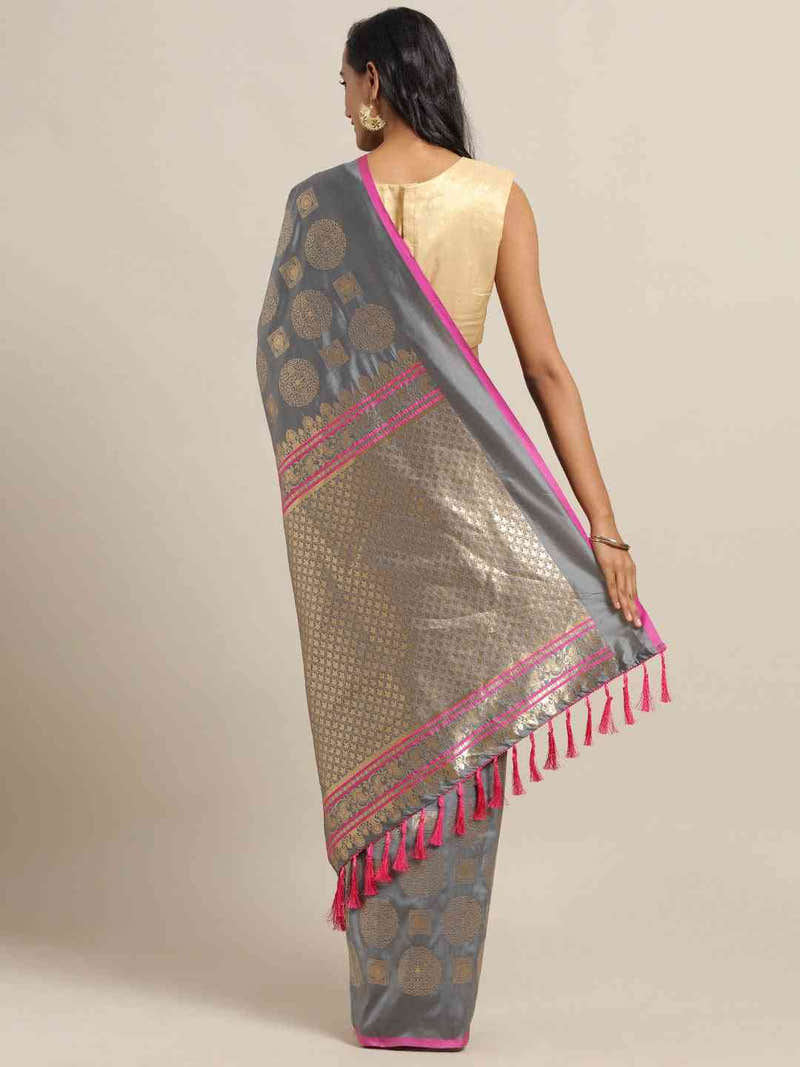 Traditional Grey Colour Ethnic Motifs And Zari Silk Banarasi Saree