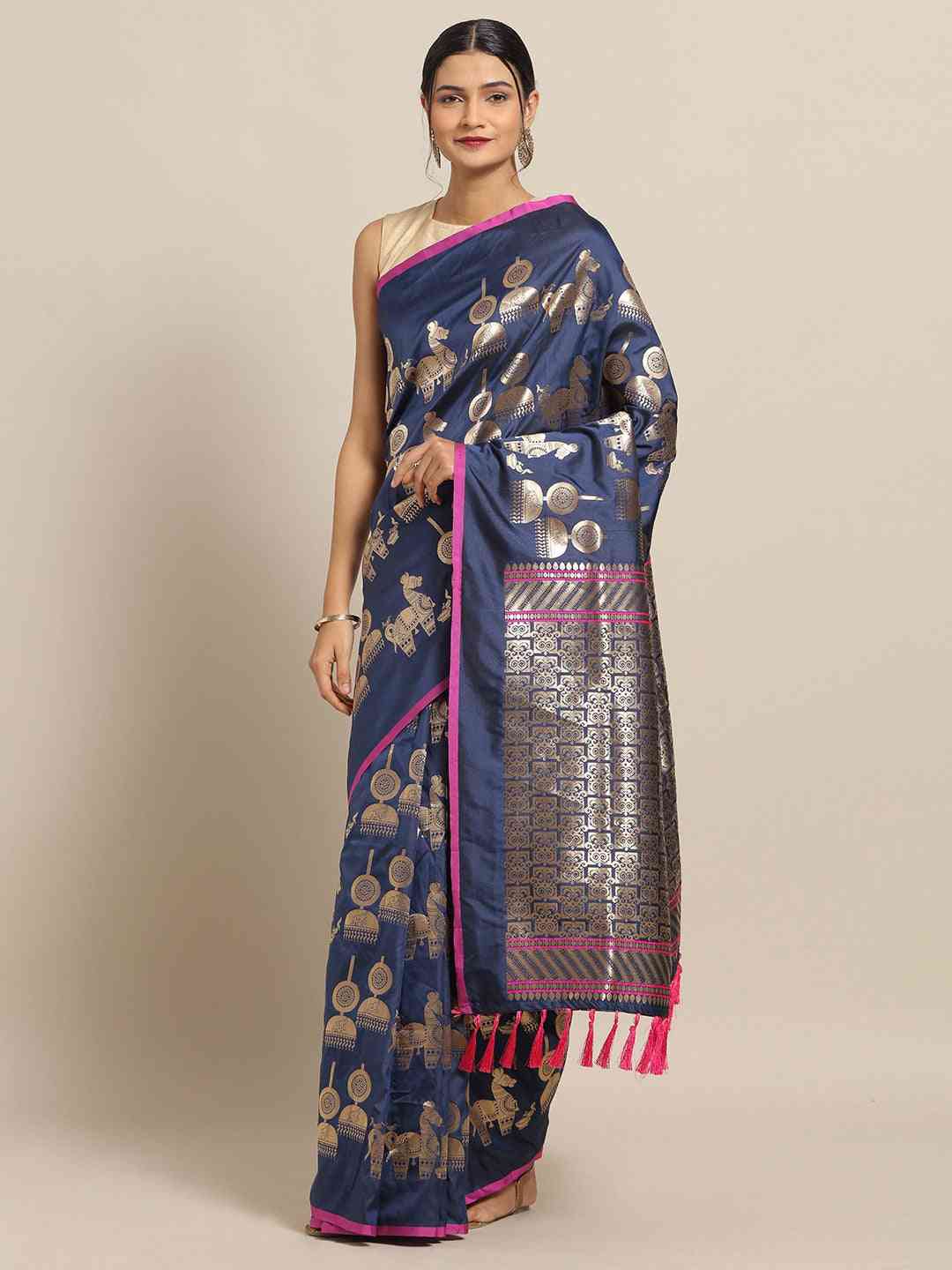 Beautiful Traditional Navy Colour Silk Banarasi Saree