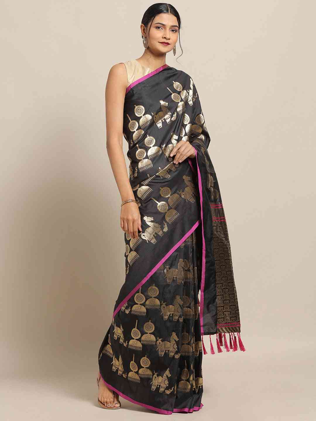 Traditional Black Colour Banarasi Saree With Ethnic Motifs