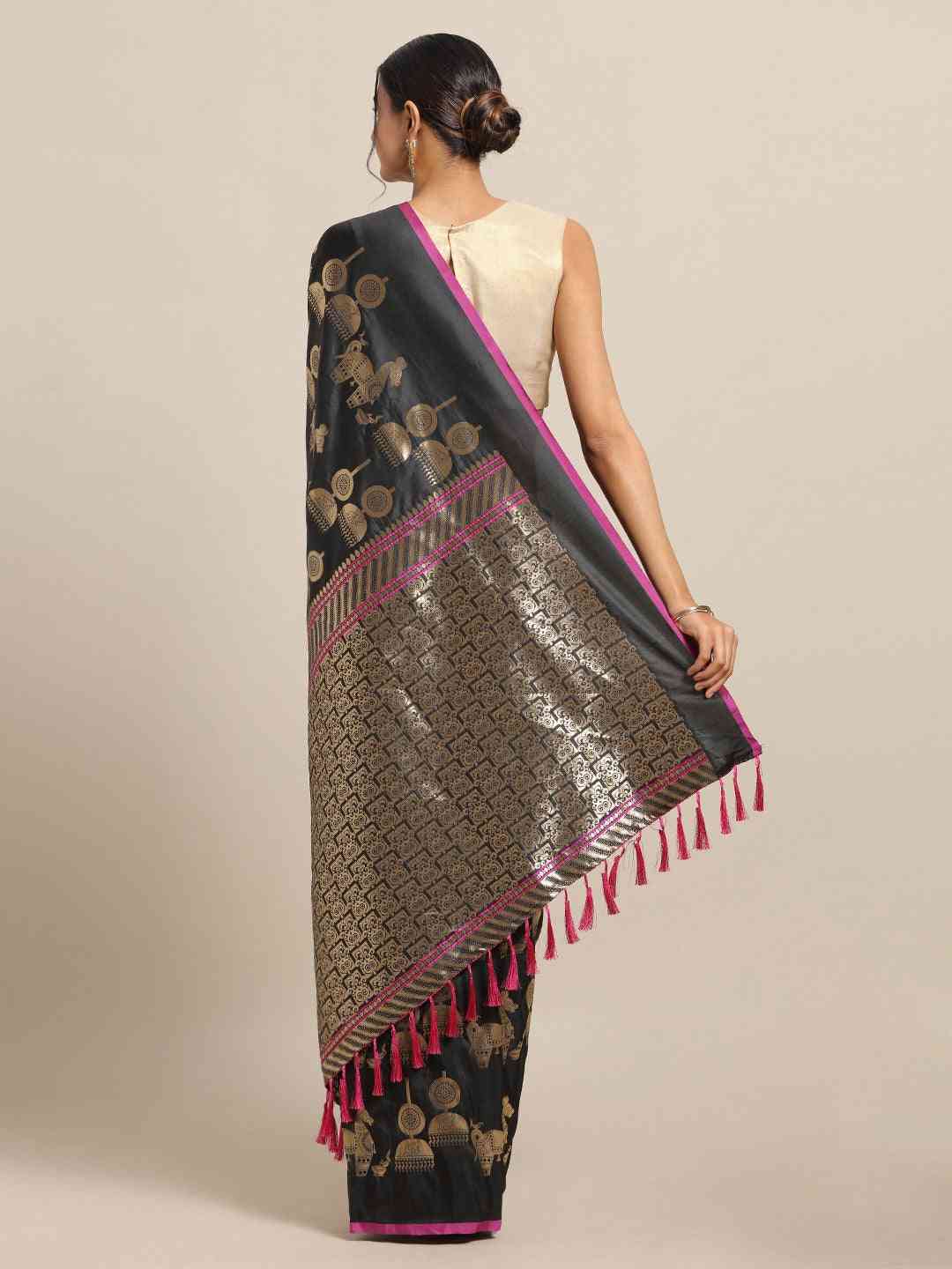 Traditional Black Colour Banarasi Saree With Ethnic Motifs