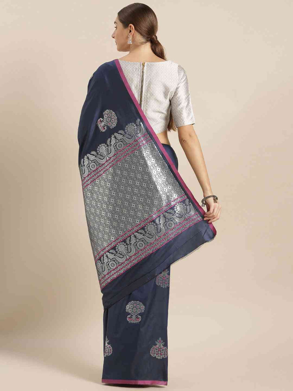 Ethnic Motifs Banarasi Silk Saree in Navy Colour