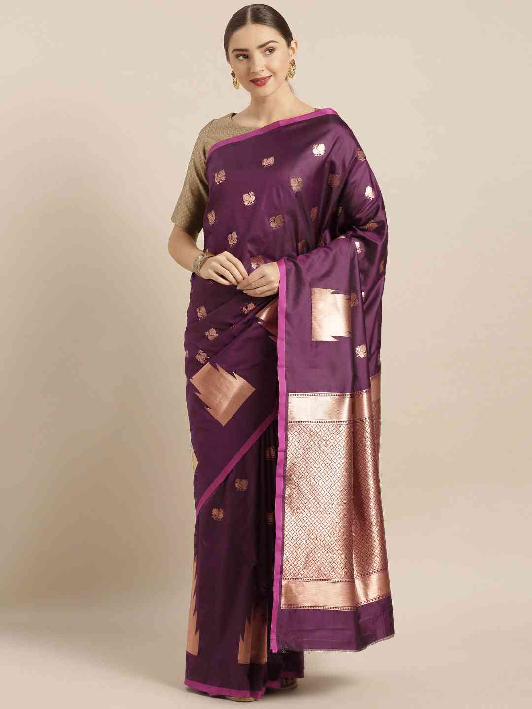 Geometric Print Wine Colour Zari Silk Banarasi Saree