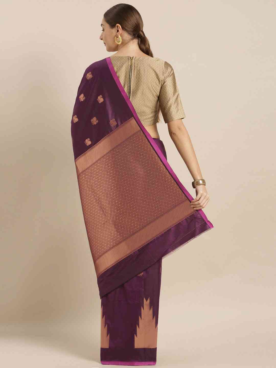 Geometric Print Wine Colour Zari Silk Banarasi Saree
