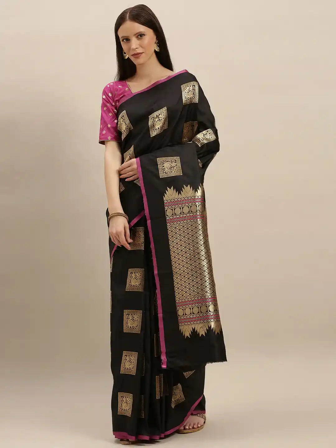 Kanjivaram Black Colour Silk Blend Woven Design Saree