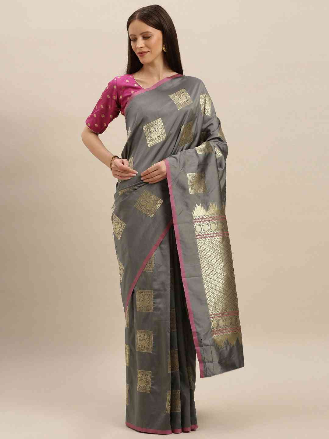 Kanjivaram Grey Colour Silk Blend Woven Design Saree