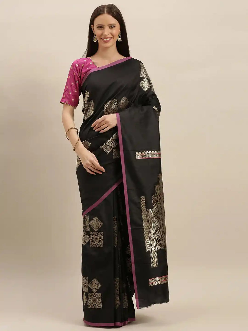 Stylish Kanjivaram Black Colour Silk Blend Saree