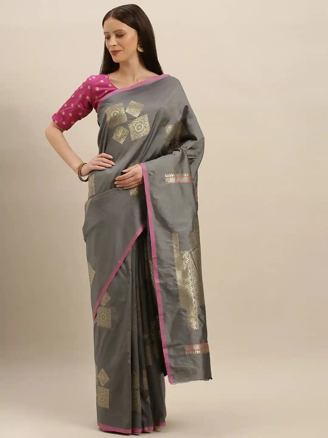 Stylish Kanjivaram Grey Colour Silk Blend Woven Design Saree