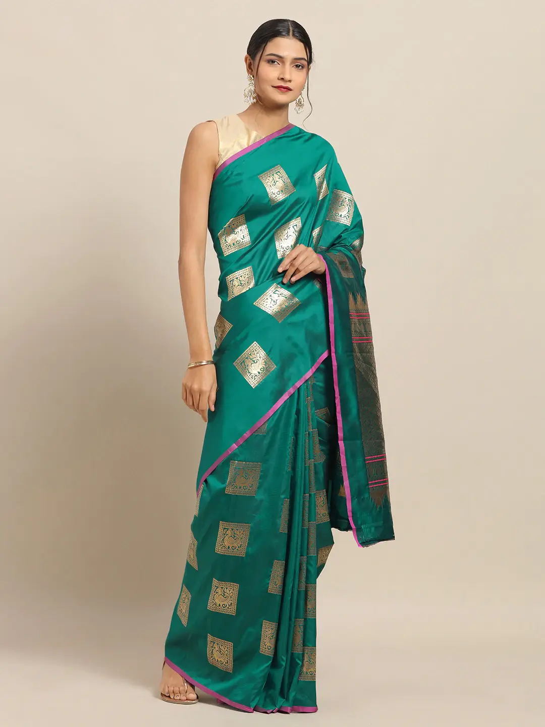 Kanjivaram Rama Colour Silk Blend Saree
