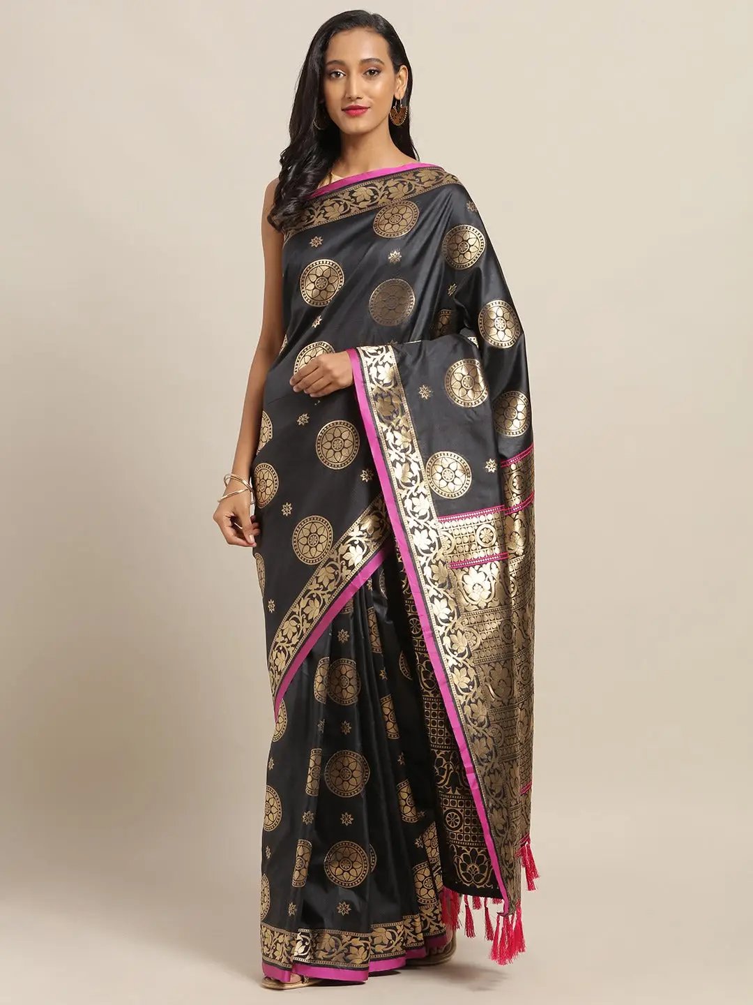 Shop Banarasi Ethnic Motifs Black Colour Woven Saree