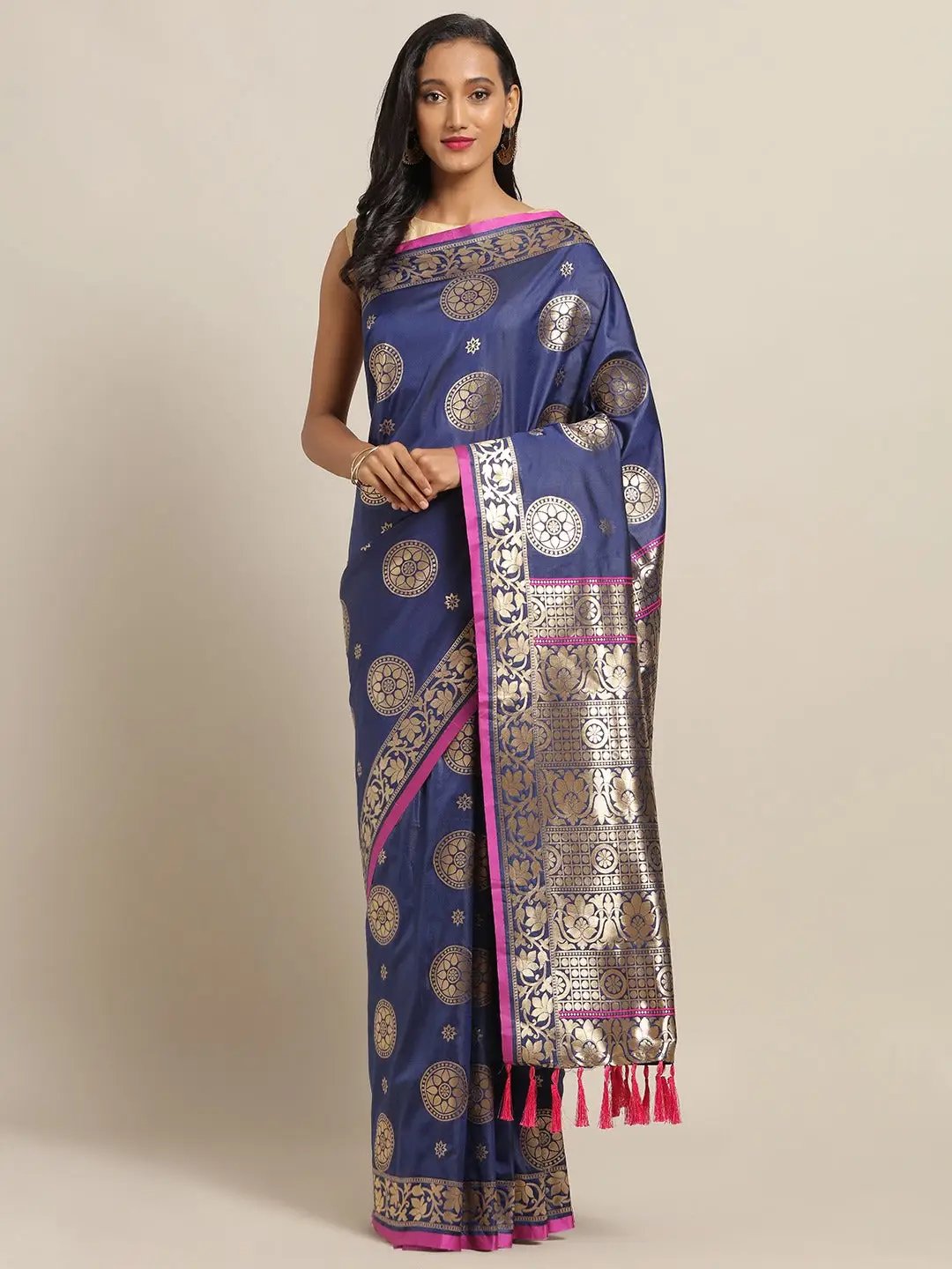 Banarasi Ethnic Motifs Navy Colour Woven Design Saree