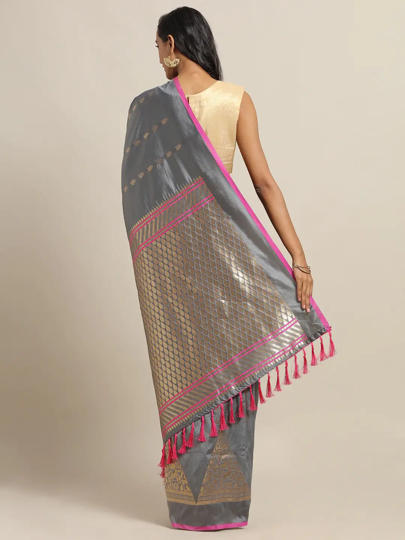 Digital Grey Colour Silk Woven Design Banarasi Saree