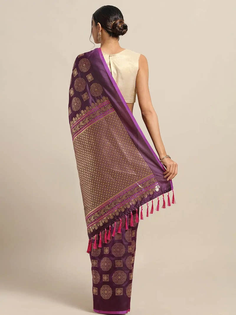 Stylish Wine Colour Ethnic Motifs Woven Design Banarasi Saree