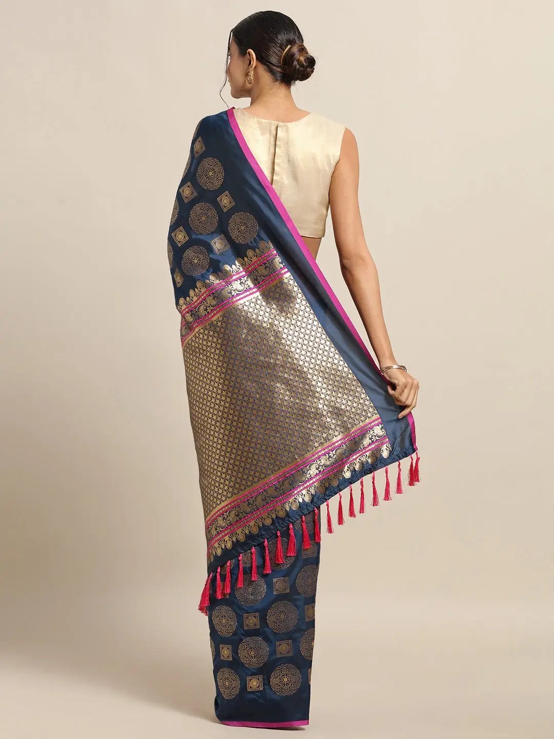 Stylish Teal Colour Banarasi Saree with Ethnic Motifs