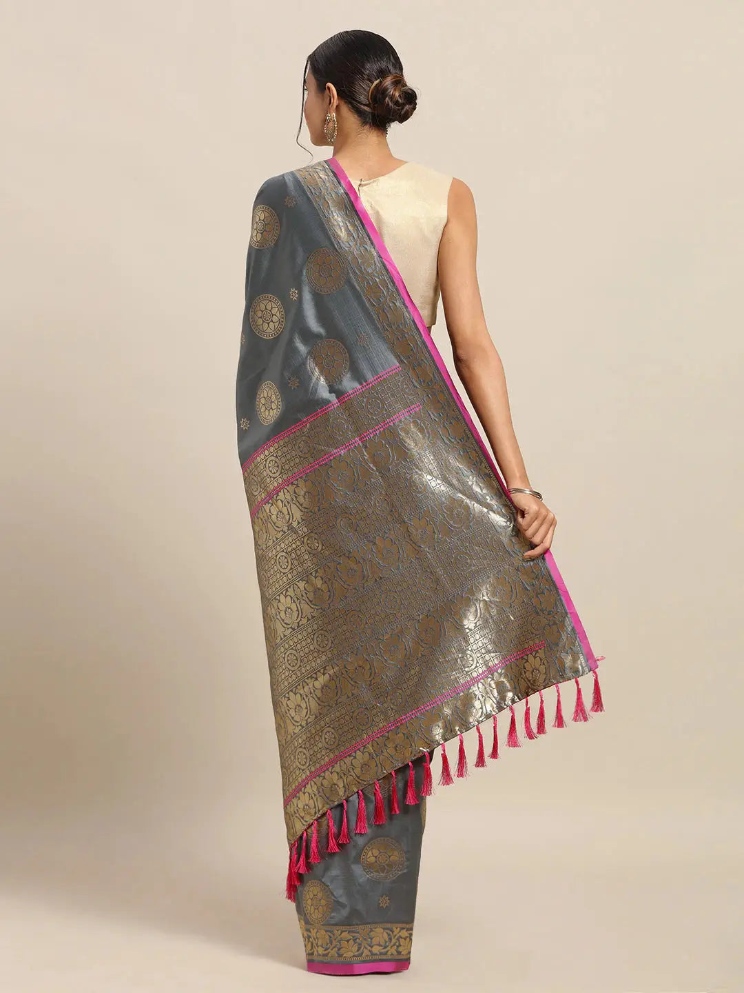 Banarasi Ethnic Motifs Grey Colour Saree Collection