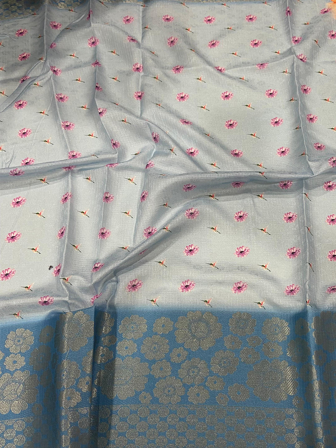 Sky Blue Kota Doriya Zari Floral Kanchi Border Saree