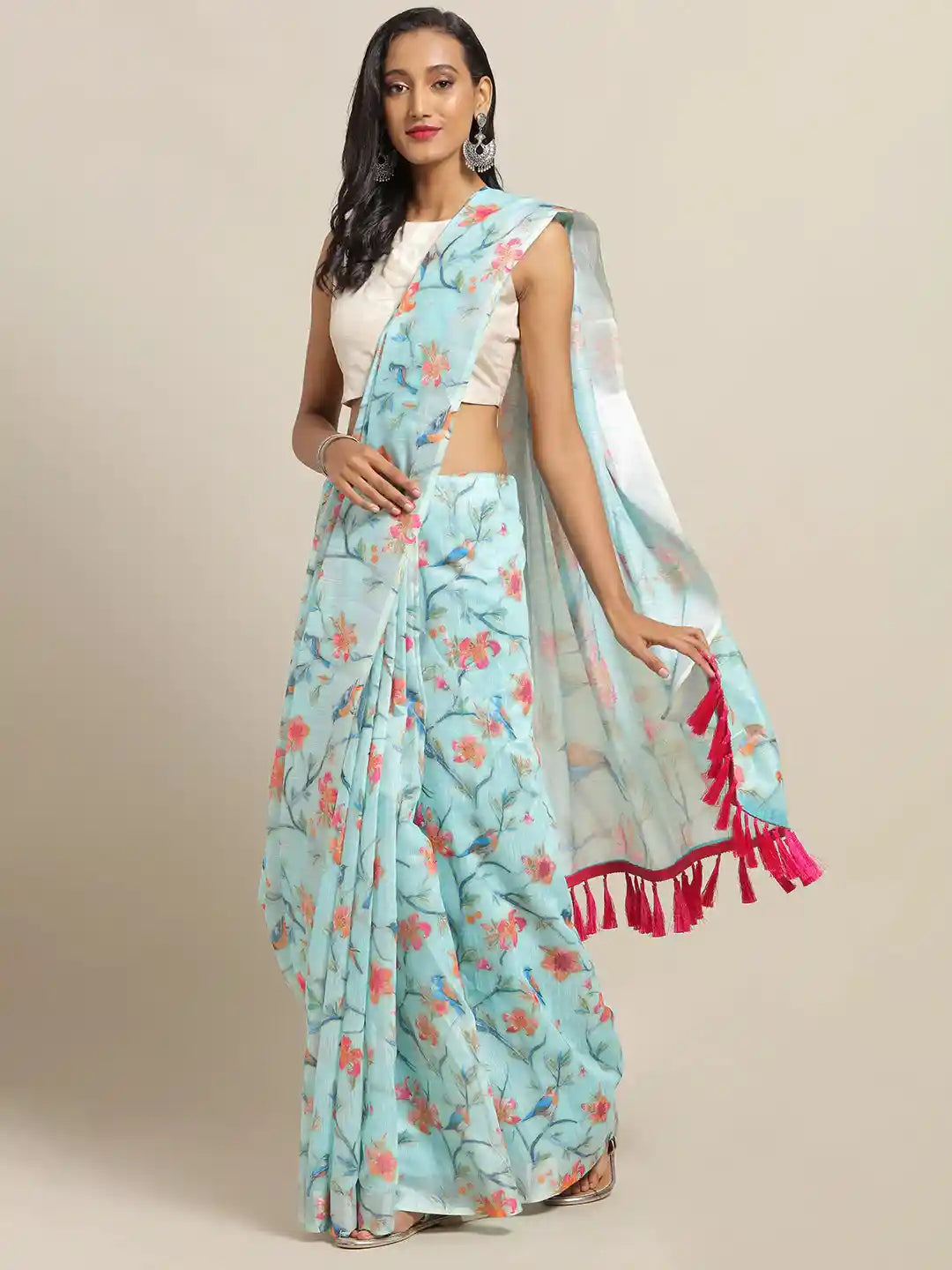 Stylish Sky Colour Print Saree With Zari Border
