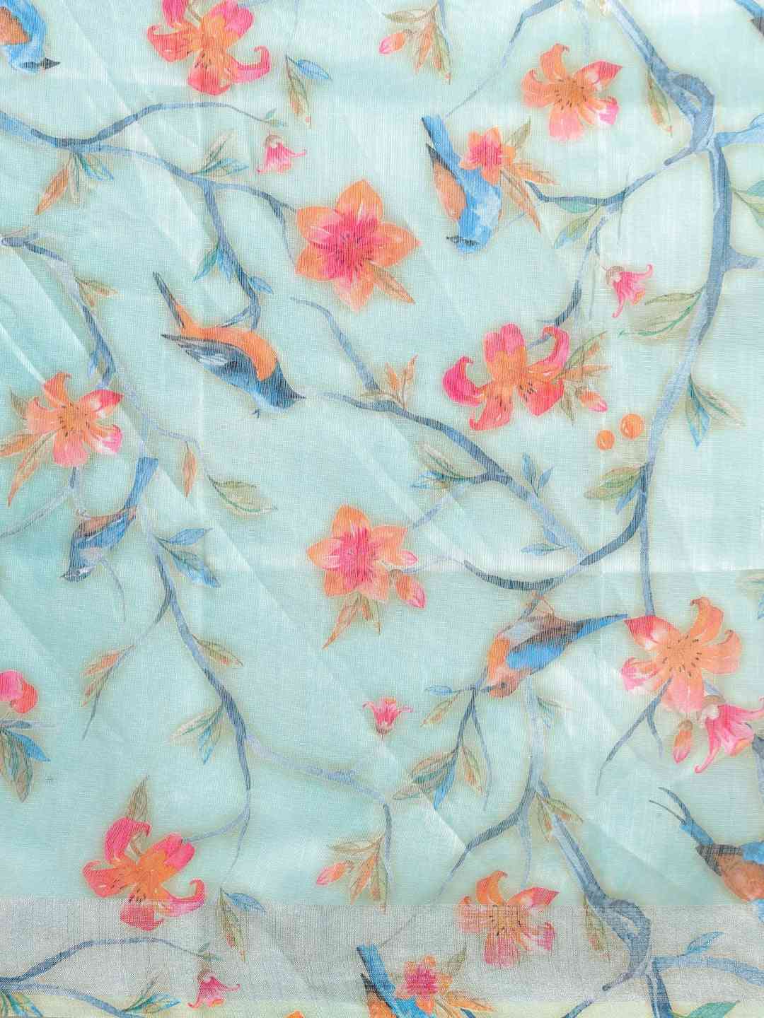 Stylish Sky Colour Print Saree With Zari Border