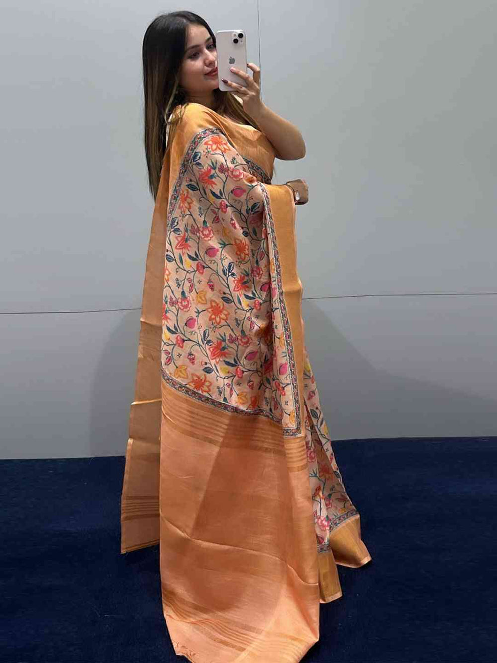 Exclusive Pure Linen Saree with Floral Print and Resham Tussels
