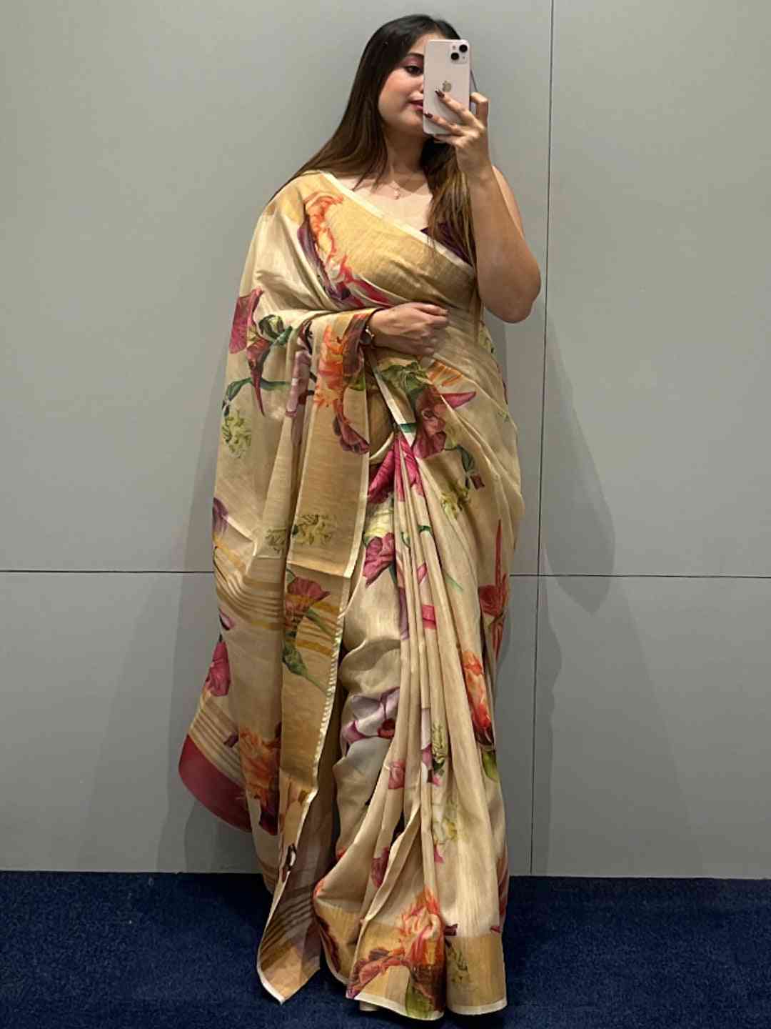 Exclusive Pure Linen Saree with floral design