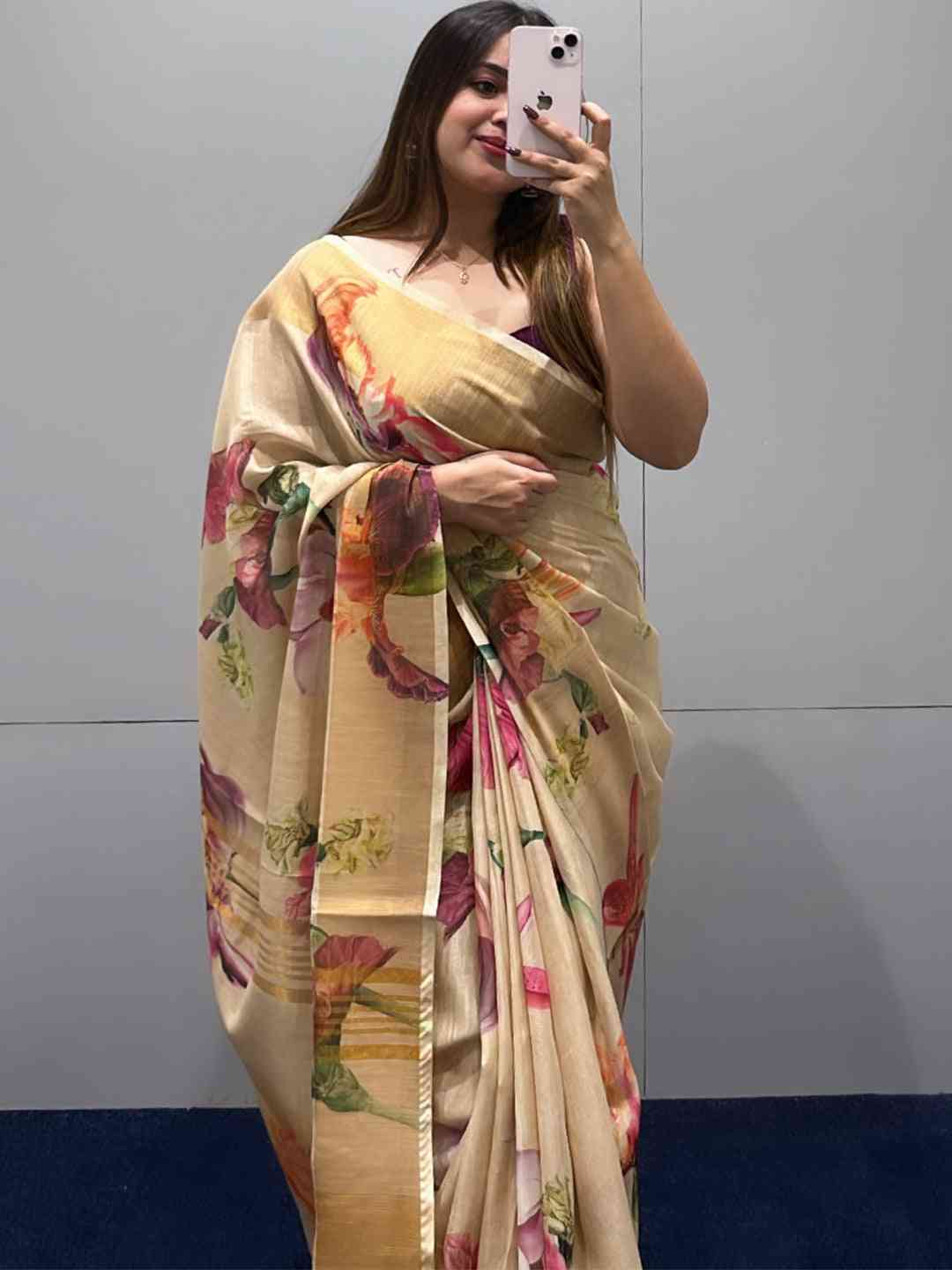 Floral Elegance Pure Linen Saree with Zari border