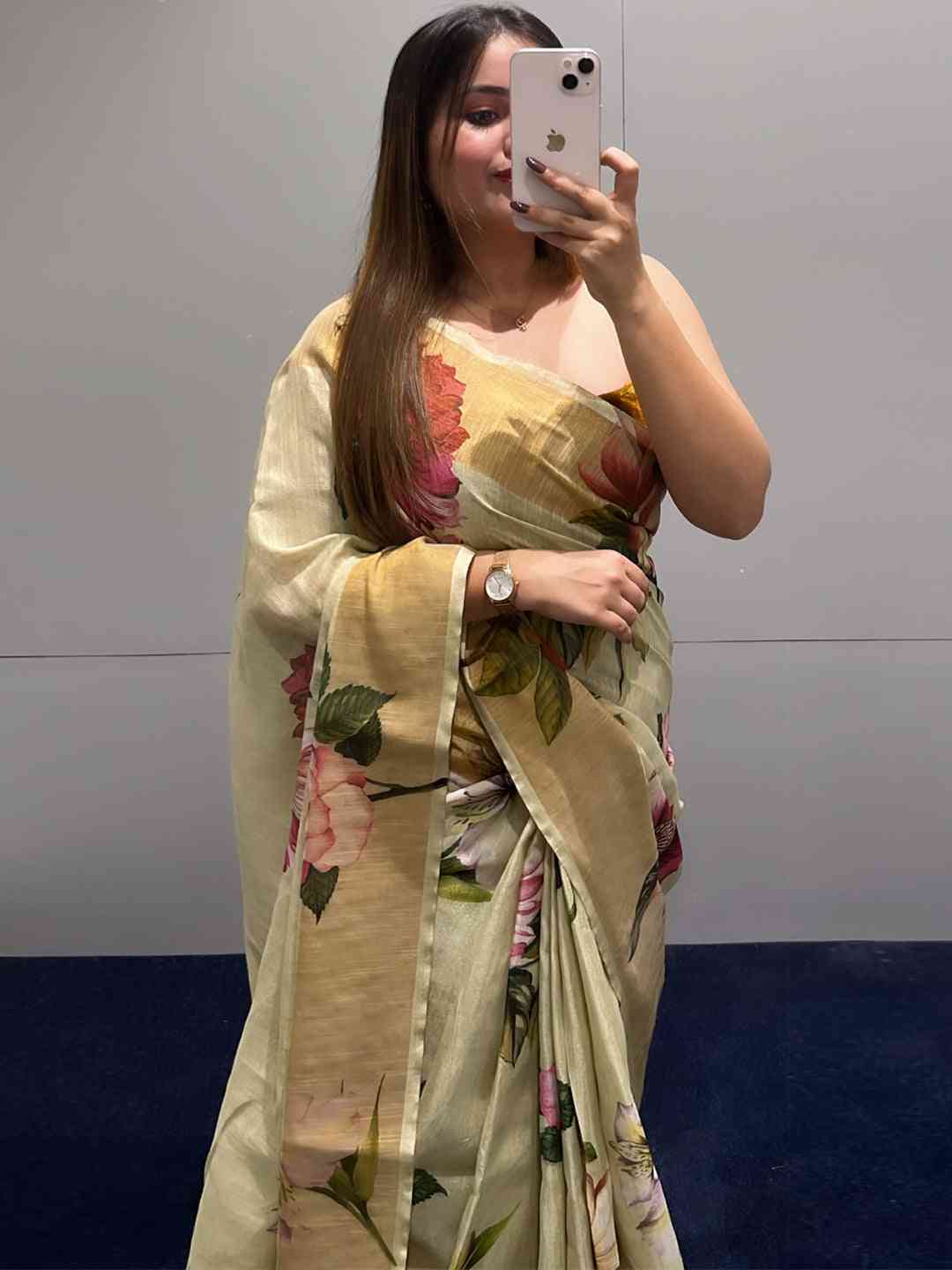 Floral Elegance Pure Linen Saree with vibrant floral prints