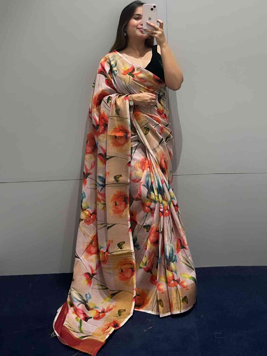 Model showcasing Floral Elegance Pure Linen Saree