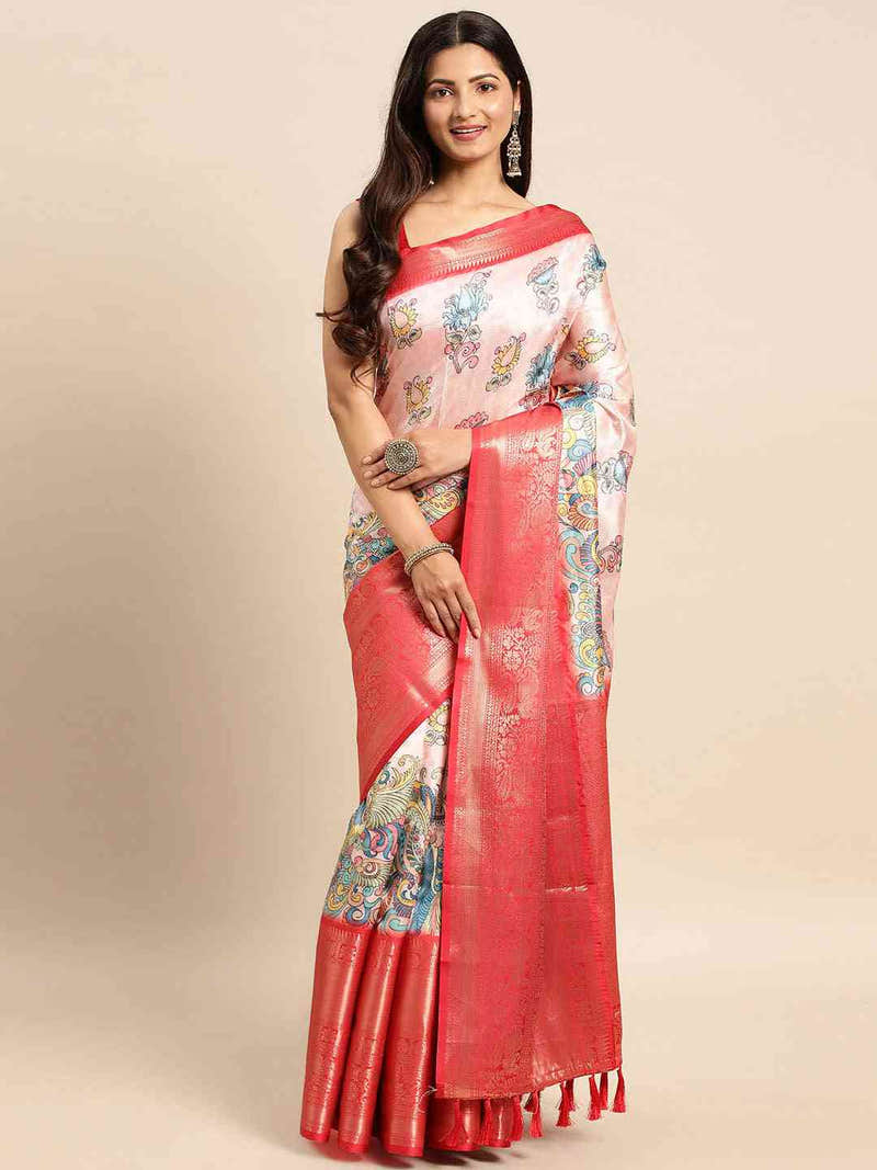 Exquisite Pink Colour Kalamkari Pattu Banarasi Silk Saree