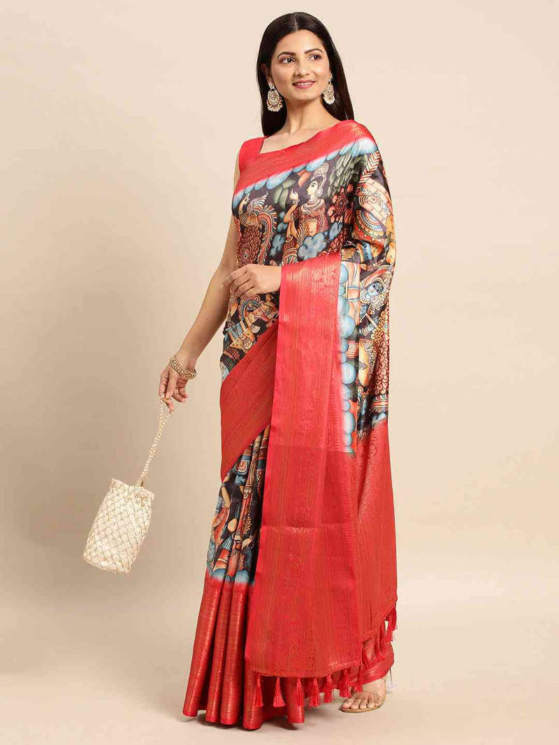 Exquisite Grey Colour Kalamkari Pattu Banarasi Silk Saree