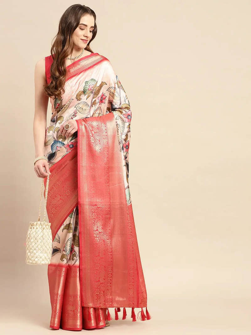 Exquisite Peach Colour Kalamkari Pattu Banarasi Silk Saree