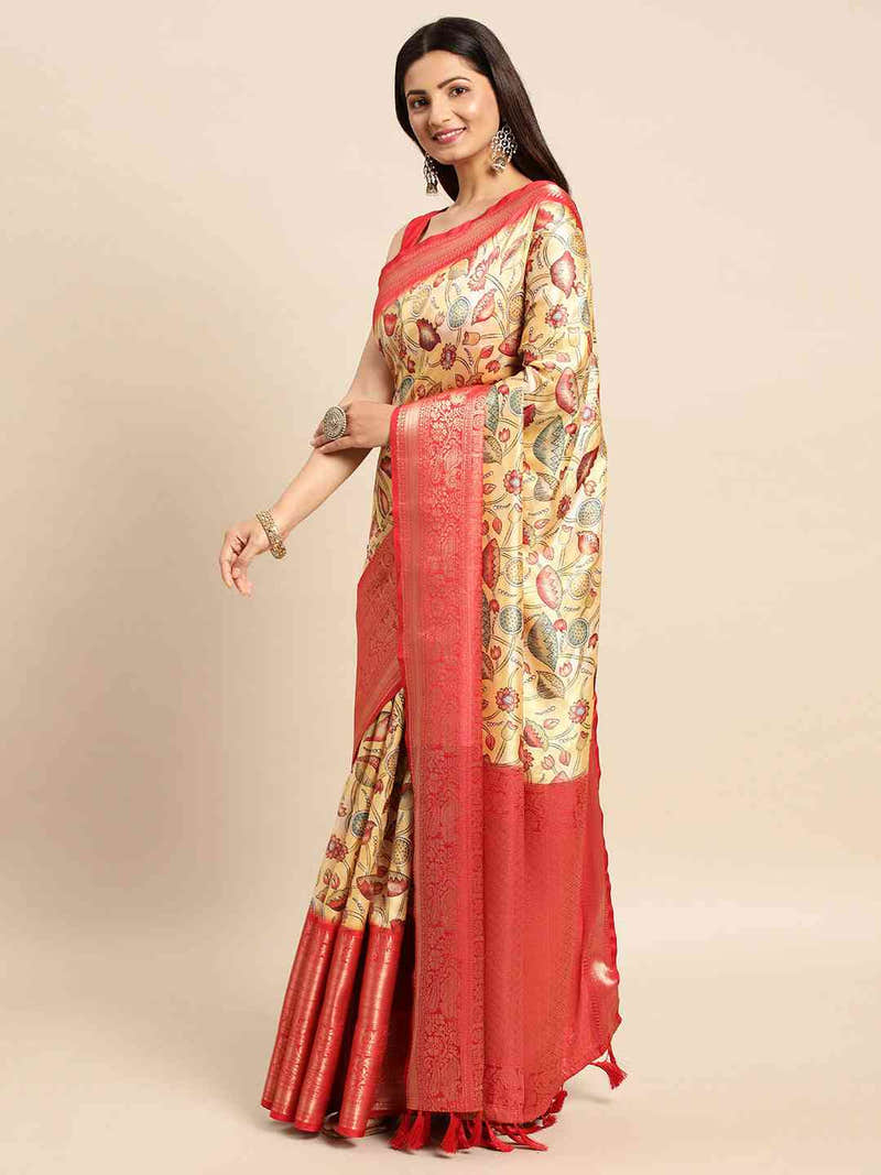 Exquisite Yellow Colour Kalamkari Pattu Banarasi Silk Saree
