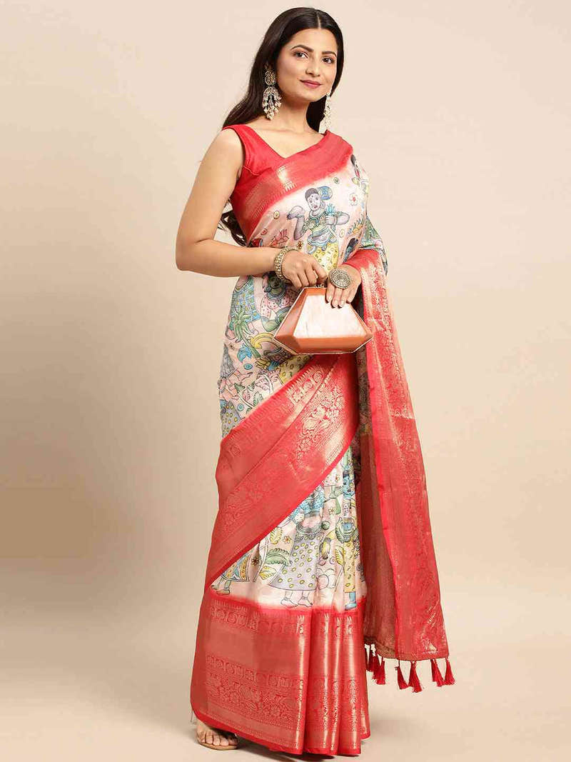 Exquisite White Colour Kalamkari Pattu Banarasi Silk Saree