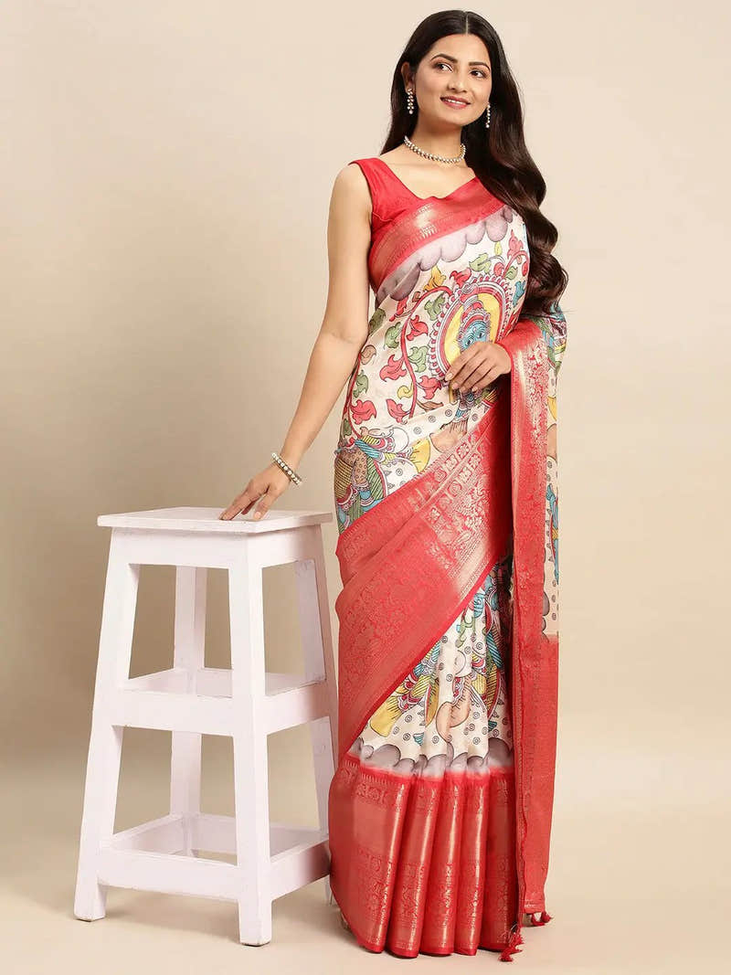 Exquisite Red Colour Kalamkari Pattu Banarasi Silk Saree