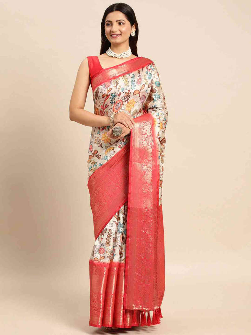 Exquisite Off White Kalamkari Pattu Banarasi Silk Saree