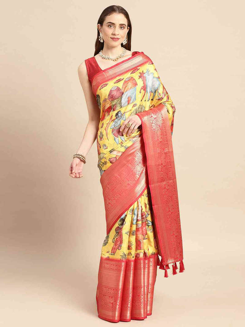 Bright Mustard Kalamkari Banarasi Saree