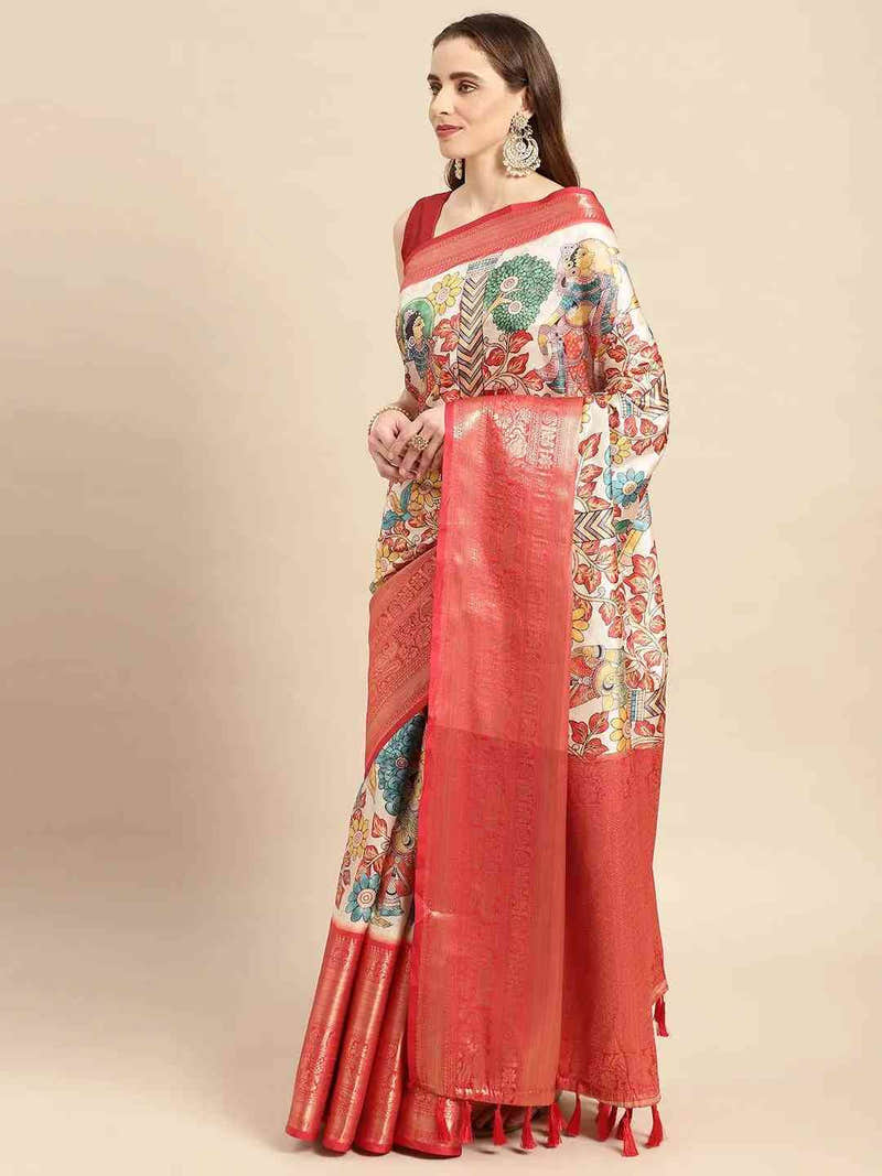 Exquisite Red Colour Kalamkari Pattu Banarasi Silk Saree