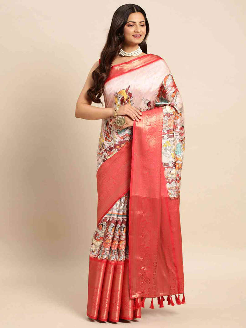 White Pink Floral Kalamkari Banarasi Saree