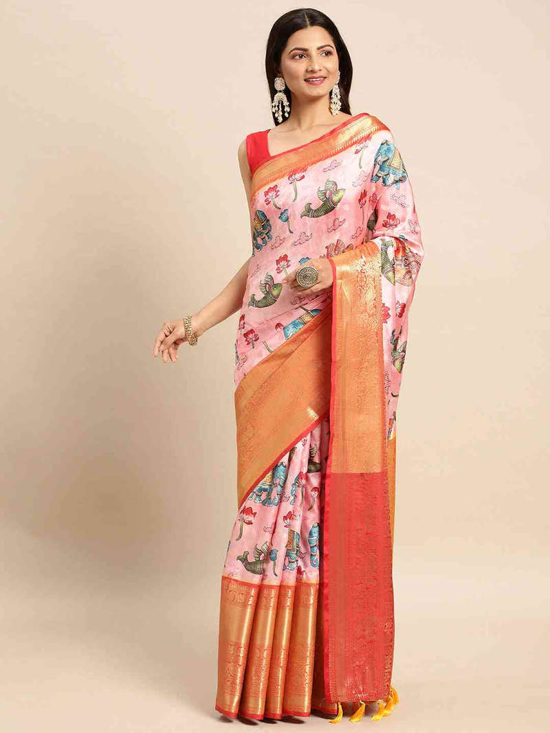 Exquisite Pink Colour Kalamkari Pattu Banarasi Silk Saree